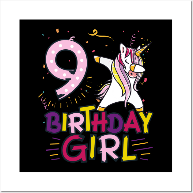 Funny Birthday Gift 9 year old Girl Dabbing Unicorn T-Shirt Wall Art by Pummli